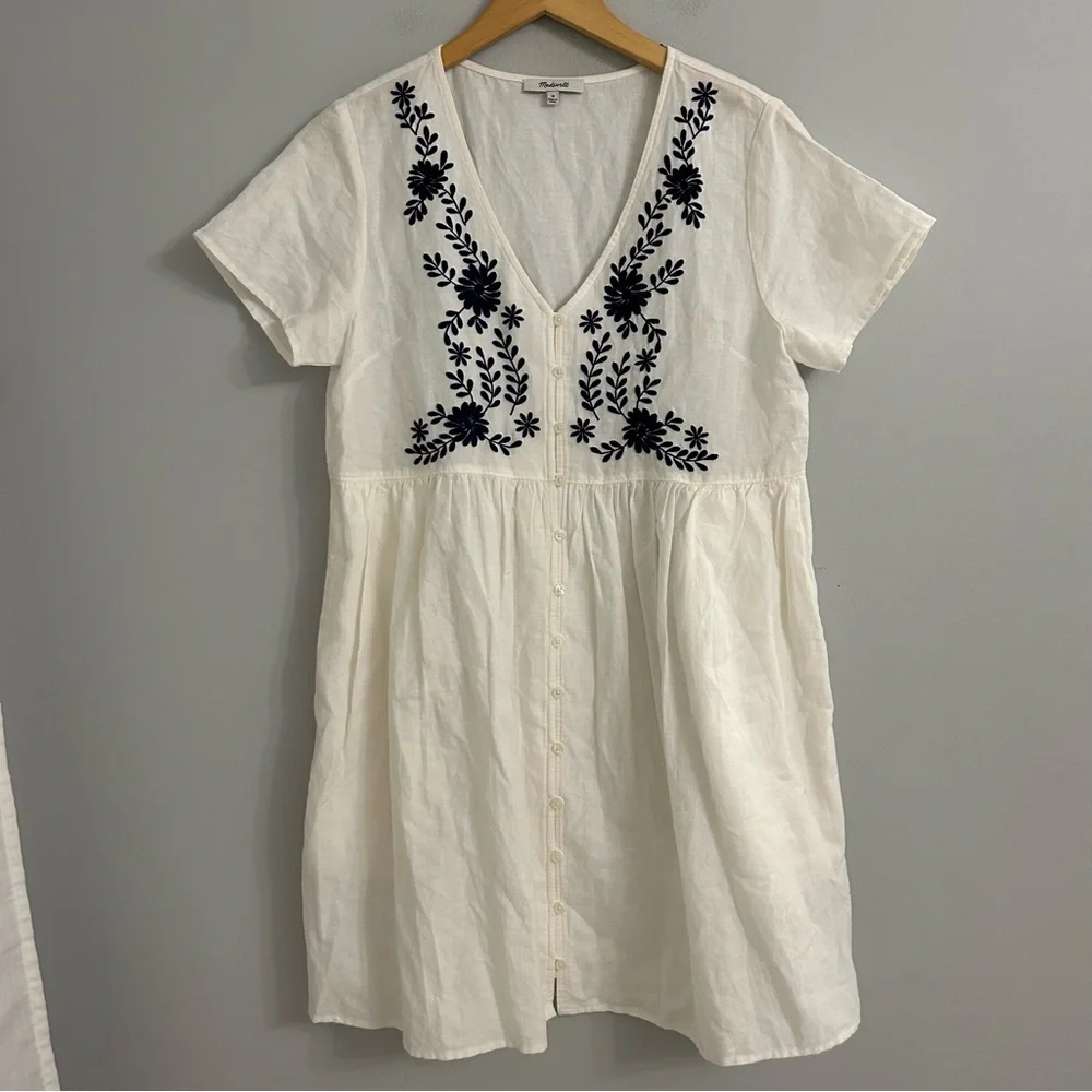 Madewell White Navy Embroidered Linen-Blend Alexandra Button-Front Mini Dress - Picture 4 of 8